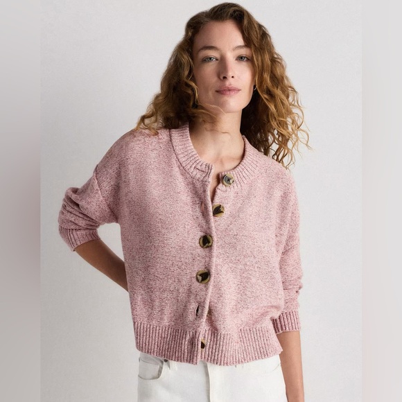 Quince 100% Organic Cotton Cropped Cardigan in Marled Rose Pink - Picture 1 of 5